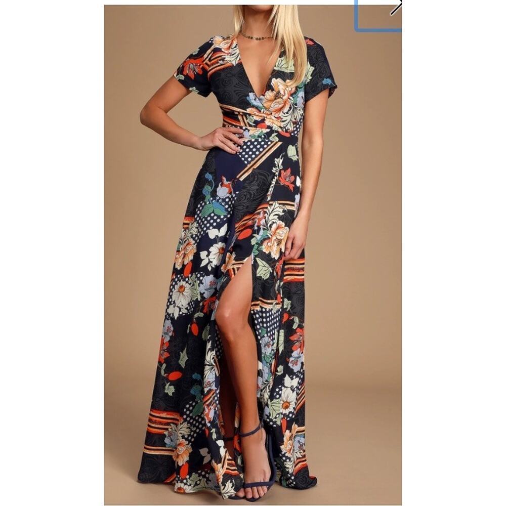 Lulus‎ Women’s Navy Floral Print Maxi Dress Sz S New Short Sleeve Garden Party ￼